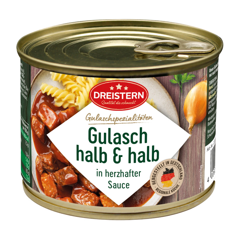 Dreistern Gulasch halb & halb in herzhafter Sauce 500g – Deutscher Klassiker, schnell zubereitet & lange haltbar