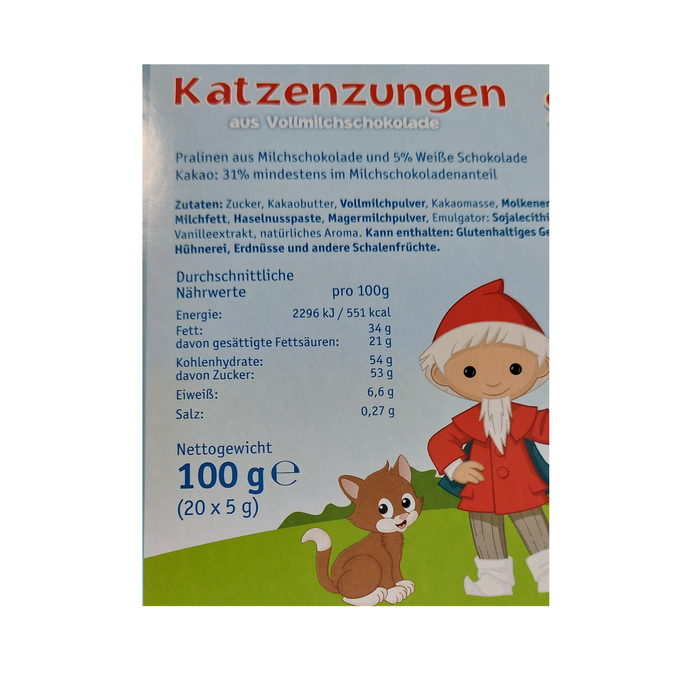 20 Riegel Katzenzungen aus bester Vollmilchschokolade in Sandmann-Verpackung 100g von Rotstern