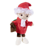 Sandmannpuppe mit rotem Mantel und Schlafsandsäckchen von vorne