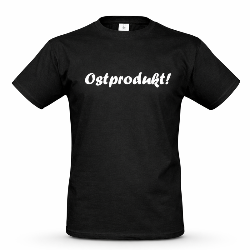 T-Shirt „Ostprodukt!“ – schwarzes Baumwollshirt mit weißem Frontaufdruck