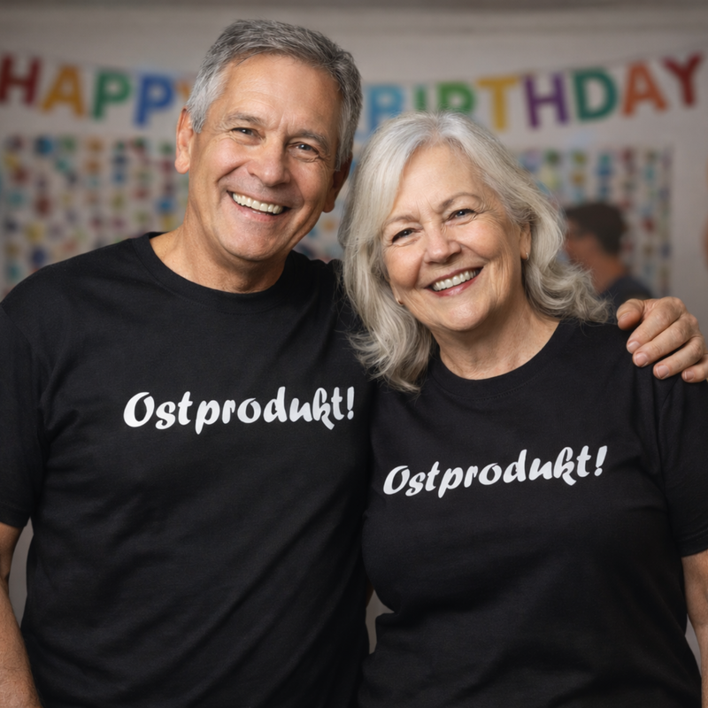 T-Shirt „Ostprodukt!“ – schwarzes Baumwollshirt mit weißem Frontaufdruck