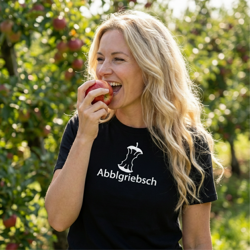 T-Shirt „Abblgriebsch“ – schwarzes Shirt mit weißem Frontaufdruck, 100 % Baumwolle, 185 g/m²