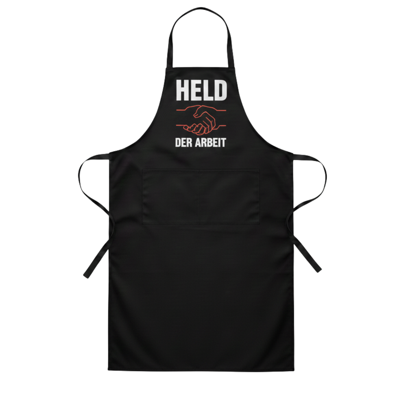 Koch- & Grillschürze „Held der Arbeit“, schwarz, 70×100 cm, Twill-Gewebe, mit zwei Taschen