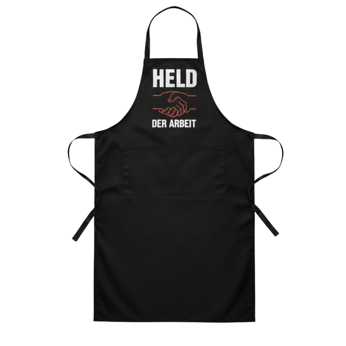 Koch- & Grillschürze „Held der Arbeit“, schwarz, 70×100 cm, Twill-Gewebe, mit zwei Taschen