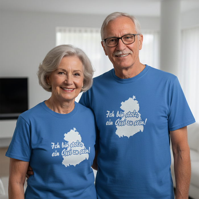 T-Shirt "Ich bin stolz, ein Ossi zu sein!" in leuchtend blau - 100% Baumwolle - Unisex - gerader Schnitt