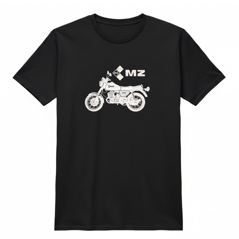 Schwarzes Tshirt mit Logo MZ ETZ-Modell - klassischer Schnitt - Unisex - 100% Baumwolle