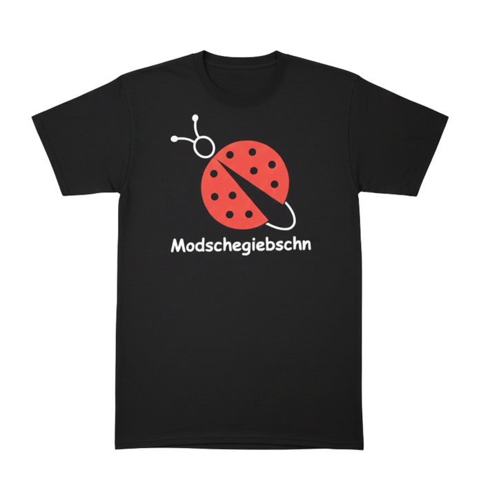 T-Shirt "Modschegiebschn" schwarz mit rot-weißem Aufdruck – 100% Baumwolle – Unisex gerader Schnitt