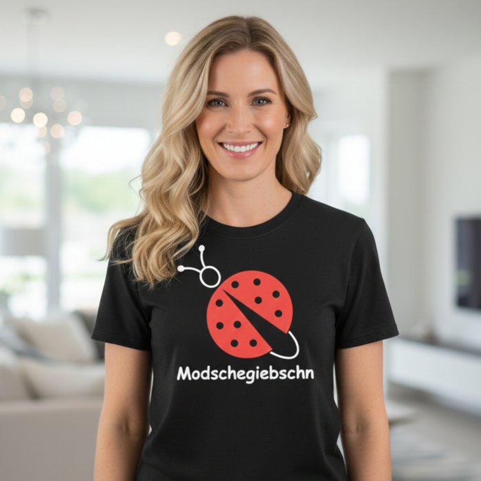 T-Shirt "Modschegiebschn" schwarz mit rot-weißem Aufdruck – 100% Baumwolle – Unisex gerader Schnitt