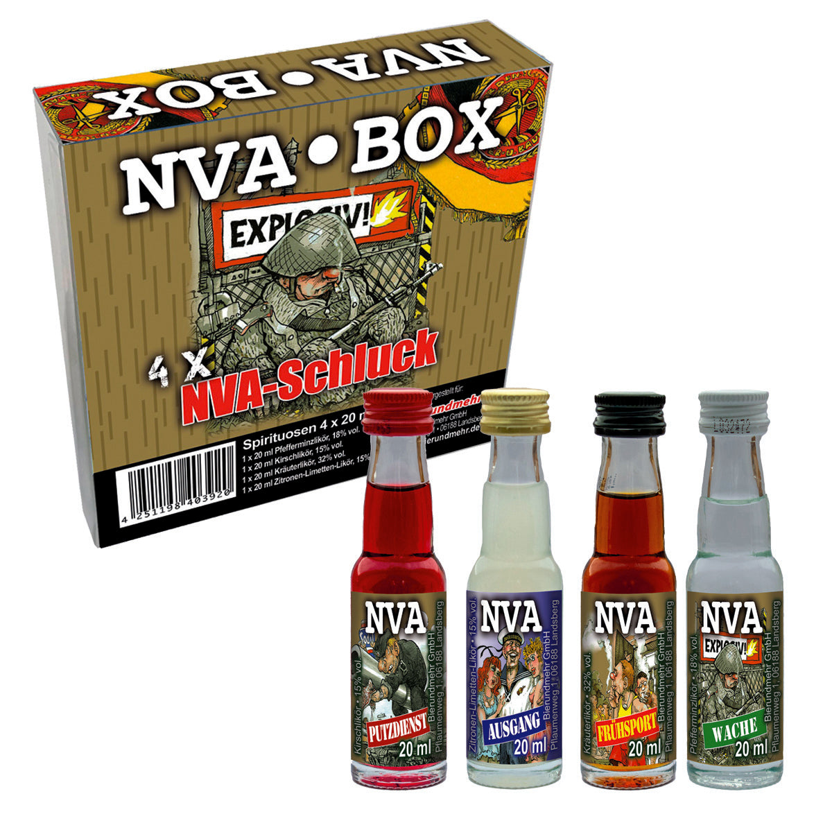 DDR Spaßliköre Edition NVA - Box 4x 0,02l -  Kirschlikör Kräuterlikör Pfefferminzlikör Zitronen-Limetten-Likör
