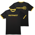 T-Shirt "OSTPAKET" in schwarz mit gelben Bündchen - ein Hingucker - Unisex - 100% Baumwolle