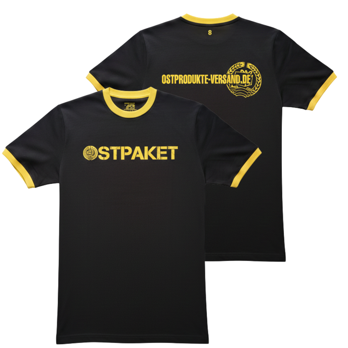 T-Shirt "OSTPAKET" in schwarz mit gelben Bündchen - ein Hingucker - Unisex - 100% Baumwolle