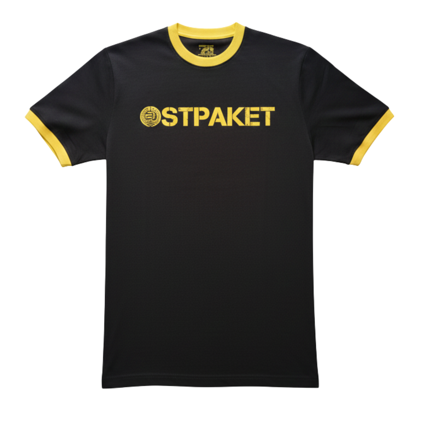 T-Shirt "OSTPAKET" in schwarz mit gelben Bündchen - ein Hingucker - Unisex - 100% Baumwolle