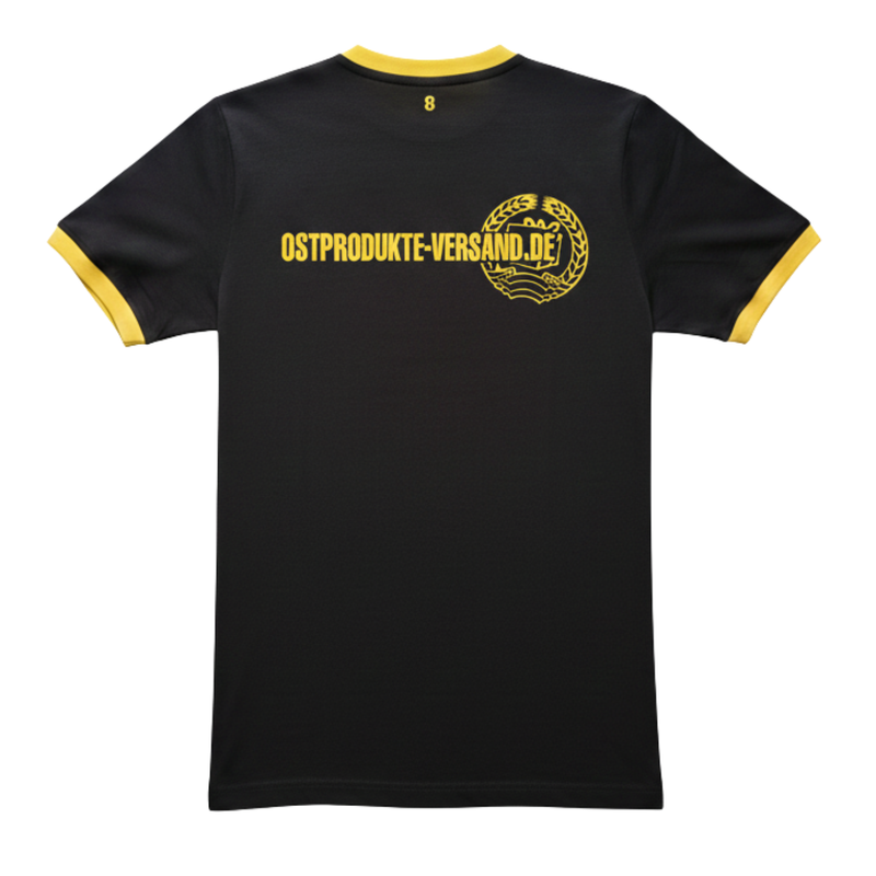 T-Shirt "OSTPAKET" in schwarz mit gelben Bündchen - ein Hingucker - Unisex - 100% Baumwolle