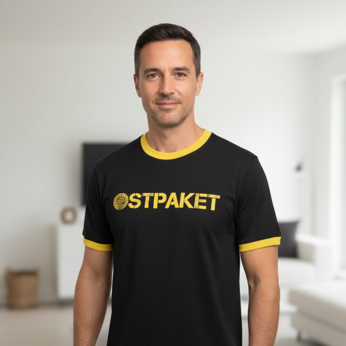 T-Shirt "OSTPAKET" in schwarz mit gelben Bündchen - ein Hingucker - Unisex - 100% Baumwolle