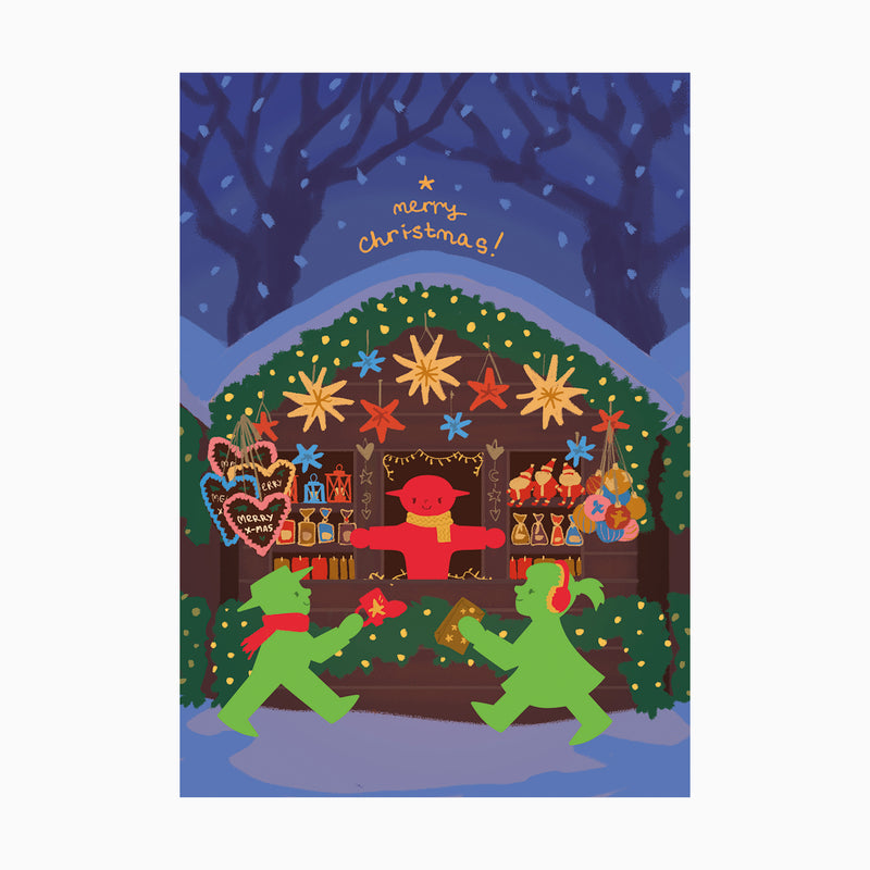 Ampelmann-POSTMANN-PK170-Postkarte-MERRY-CHRISTMAS!-2023-bunt-Ampelfiguren-auf-dem-Weihnachtsmarkt