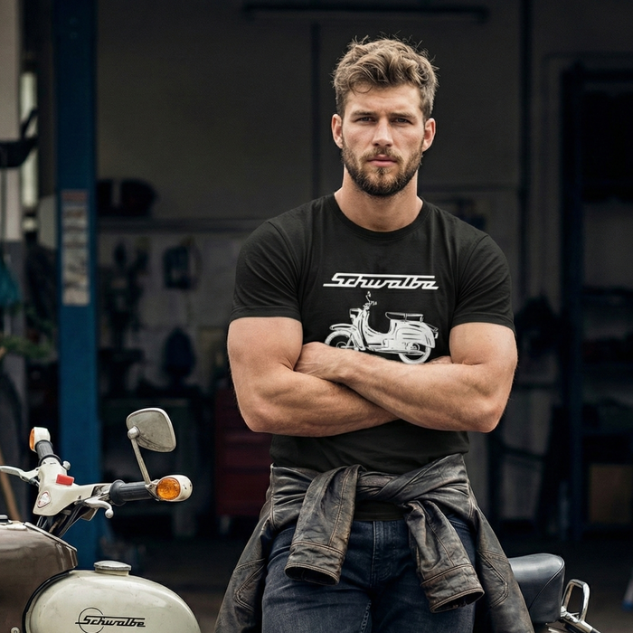 T-Shirt schwarz mit weißem Schwalbe-Logo & -Schriftzug - Unisex klassischer Schnitt - 100% Baumwolle