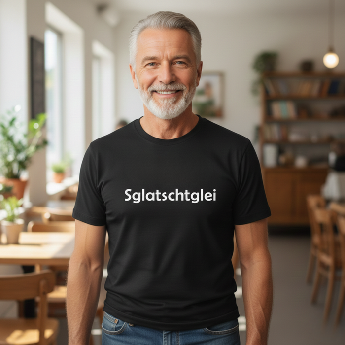 T-Shirt "Sglatschtglei" schwarz mit weißem Aufdruck – 100% Baumwolle – Unisex gerader Schnitt