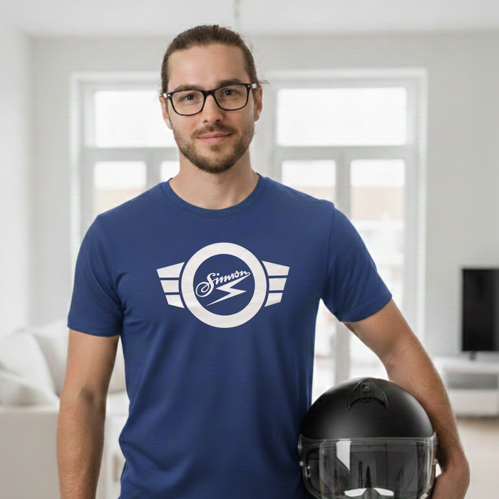 T-Shirt "Simson" blau mit weißem Simson-Logo & -Schriftzug - Unisex klassischer Schnitt - 100% Baumwolle