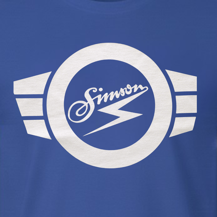 T-Shirt "Simson" blau mit weißem Simson-Logo & -Schriftzug - Unisex klassischer Schnitt - 100% Baumwolle