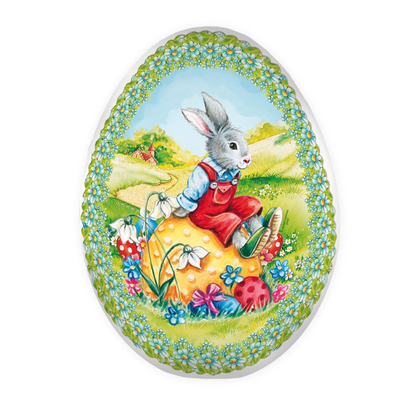 Liebliches Osterei zum Befüllen 15 cm – Füll-Ei aus Pappe mit süßen Hasenjunge als Motiv – Geschenkverpackung zu Ostern