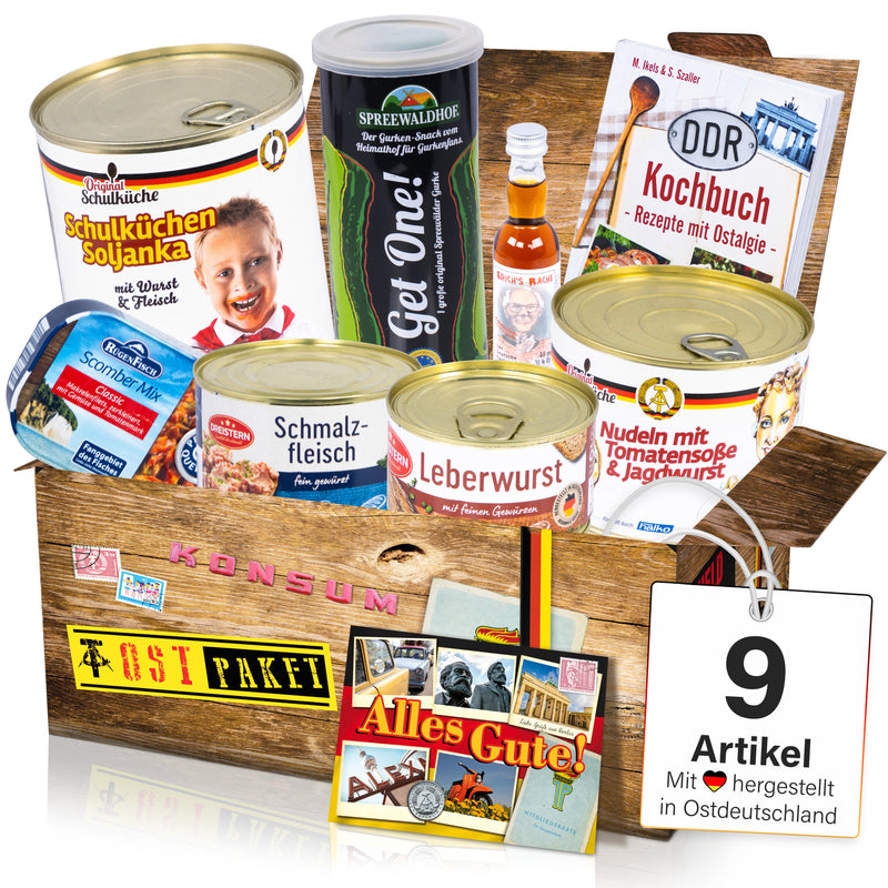 Geschenkset Ostpaket "DDR Herzhaft Box" - inkl. Original Schulküche, Leberwurst, Soljanka