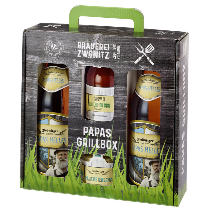 Papas Grillbox-Geschenkset – 2x Papas Helles, Rauchbiersenf & Rauchbier-BBQ-Soße - Bier & Feinkost für echte Grillfreunde aus dem Erzgebirge