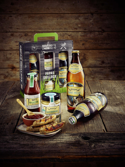 Papas Grillbox-Geschenkset – 2x Papas Helles, Rauchbiersenf & Rauchbier-BBQ-Soße - Bier & Feinkost für echte Grillfreunde aus dem Erzgebirge