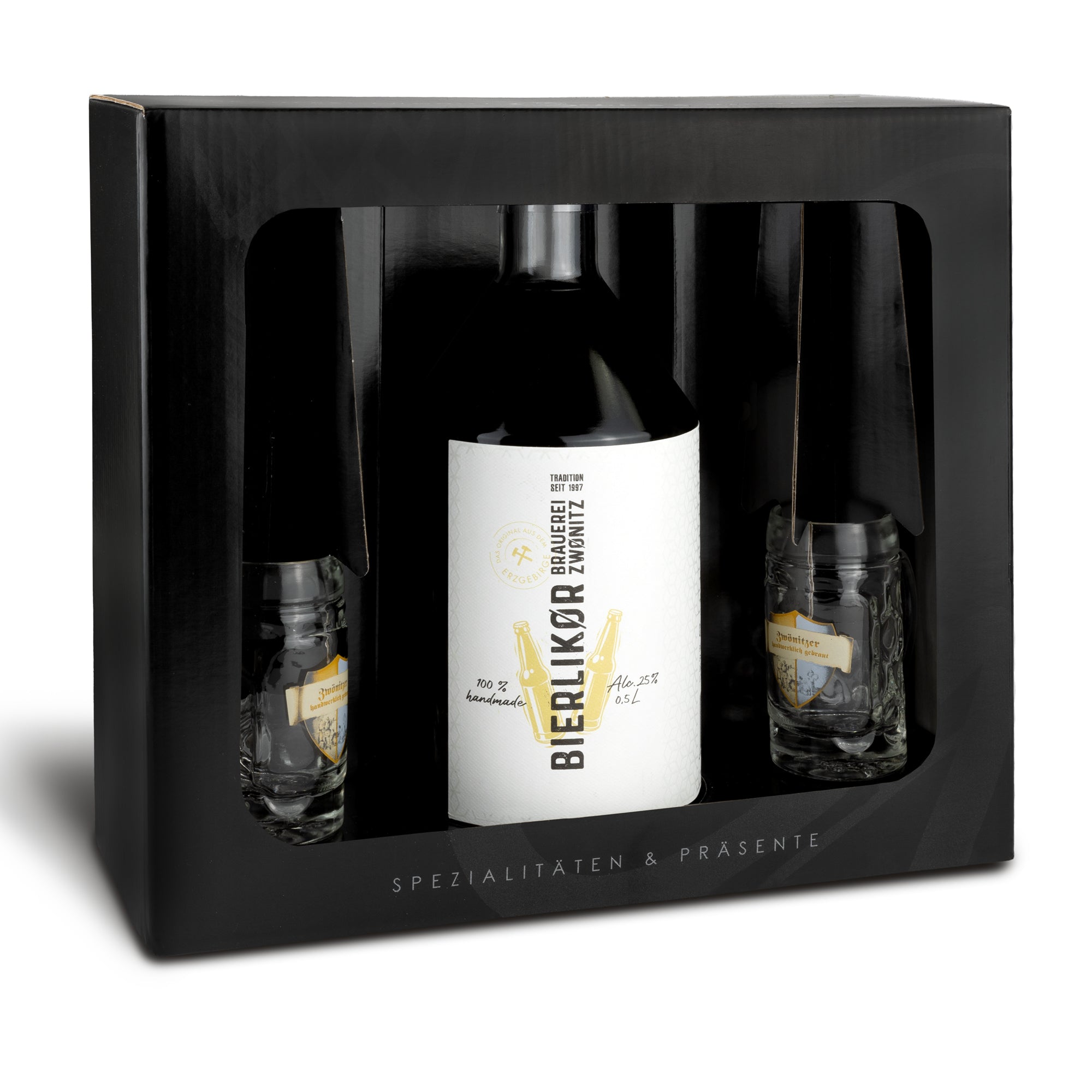Bierlikör Geschenkset 0,5l mit 2 Likör-Gläsern – Edler Likör aus Ziegenbock Bier, 25 % vol. aus dem Erzgebirge