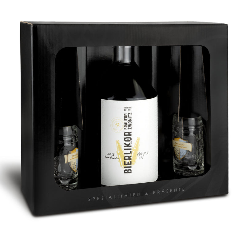Bierlikör Geschenkset 0,5l mit 2 Likör-Gläsern – Edler Likör aus Ziegenbock Bier, 25 % vol. aus dem Erzgebirge