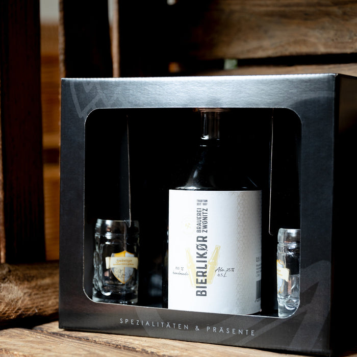 Bierlikör Geschenkset 0,5l mit 2 Likör-Gläsern – Edler Likör aus Ziegenbock Bier, 25 % vol. aus dem Erzgebirge