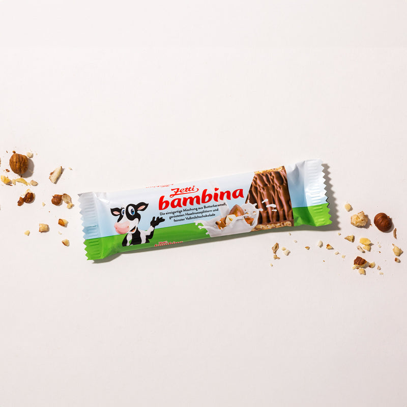 Zetti Bambina Riegel Vollmilchschokolade mit Haselnusssplitter und feines Butterkaramell, 45g