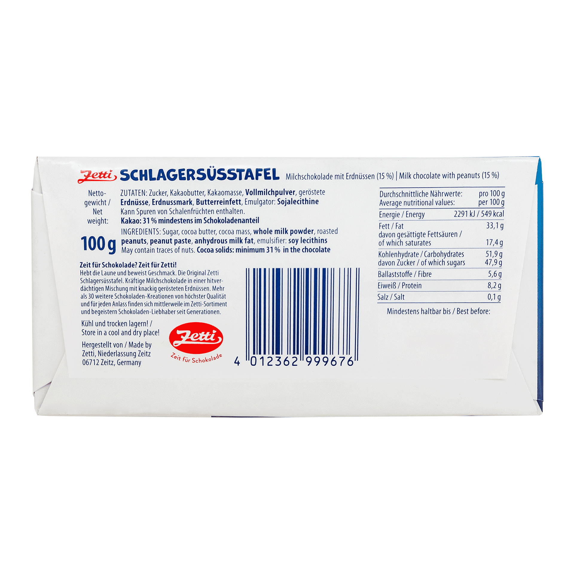 Schlagersüßtafel Vollmilch-Schokolade mit Erdnüssen von Zetti 100g