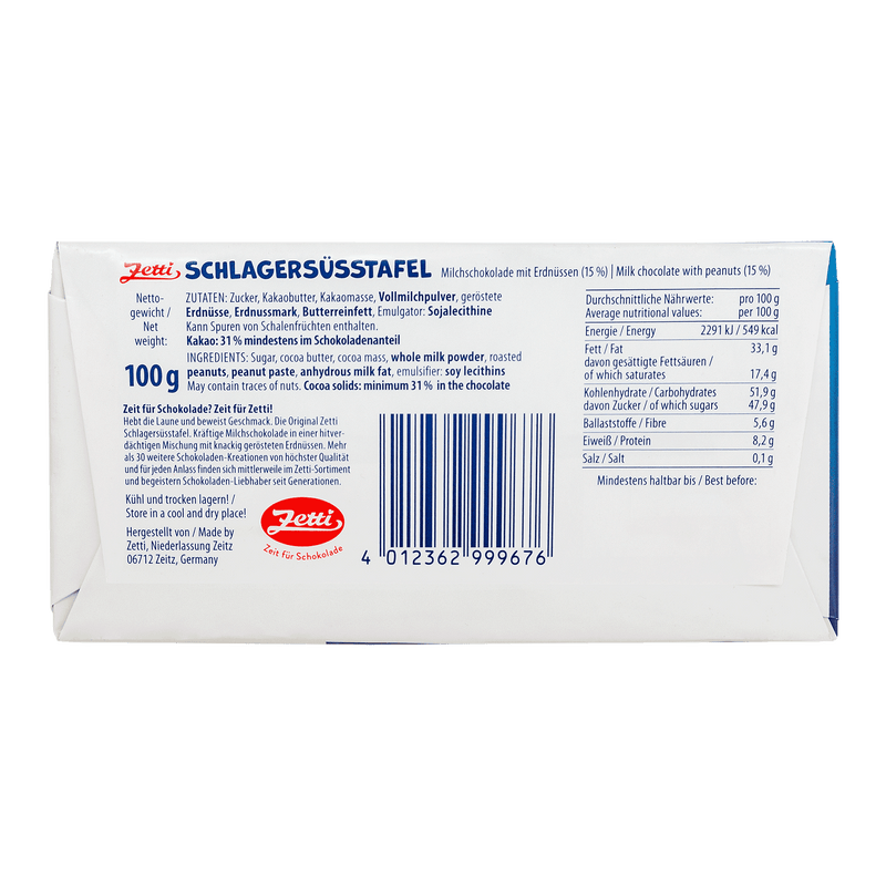 Schlagersüßtafel Vollmilch-Schokolade mit Erdnüssen von Zetti 100g