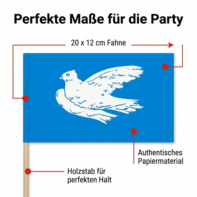 Friedensfahne aus Papier – blaue Fahne mit weißer Friedenstaube, 20 x 12 cm, leichtes Winkelement