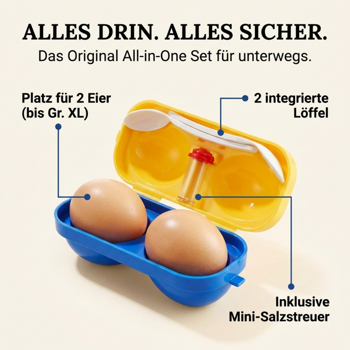 Eierträger 2fach mit Salzstreuer und 2x Löffel - Gelb und Blau - Sonja PLASTIC