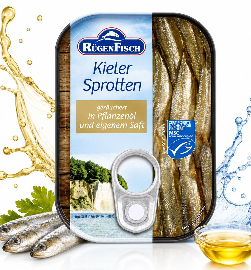 RügenFisch Kieler Sprotten in Pflanzenöl – Geräucherte Sprotten, handverlesen, MSC-zertifiziert 106g