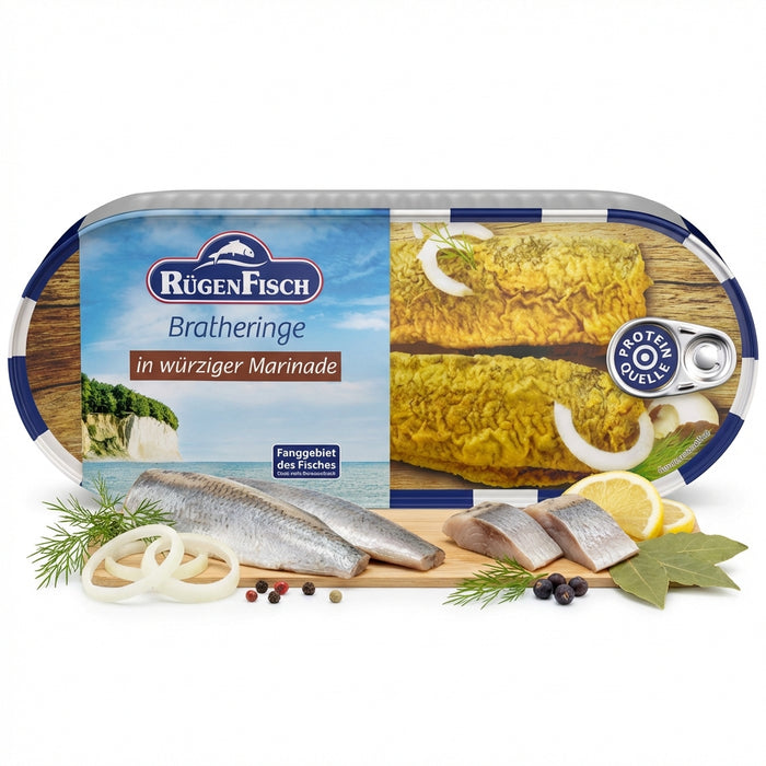RügenFisch Bratheringe in würziger Marinade 500 g - handverlesen & ohne Farbstoffe & ohne Geschmacksverstärker - Proteinquelle