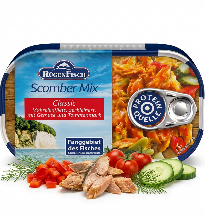 RügenFisch Scomber Mix Classic 120 g – Zerkleinerte Makrelenfilets mit Gemüse und fruchtigem Tomatenmark, proteinreich