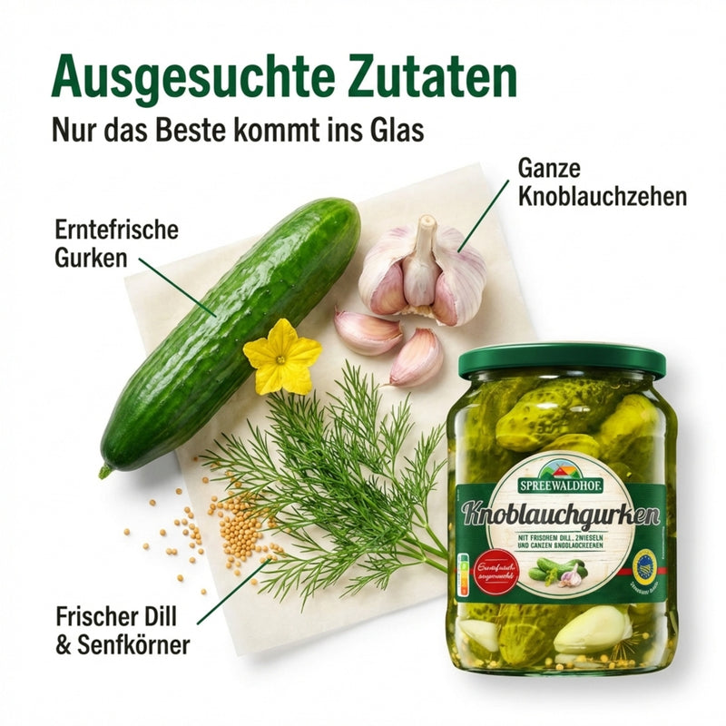 Spreewaldhof Knoblauchgurken aus dem Spreewald - erntefrisch eingemacht mit ganzen Knoblauchzehen - vegan & laktose- & glutenfrei 360g