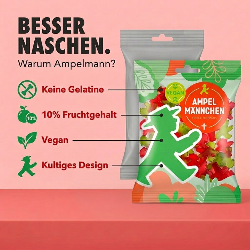 Vegane & Glutenfreie Fruchtgummis Gummibärchen Kirsche- & Waldmeister rot-grün in Ampelmännchen-Figuren, 160 g