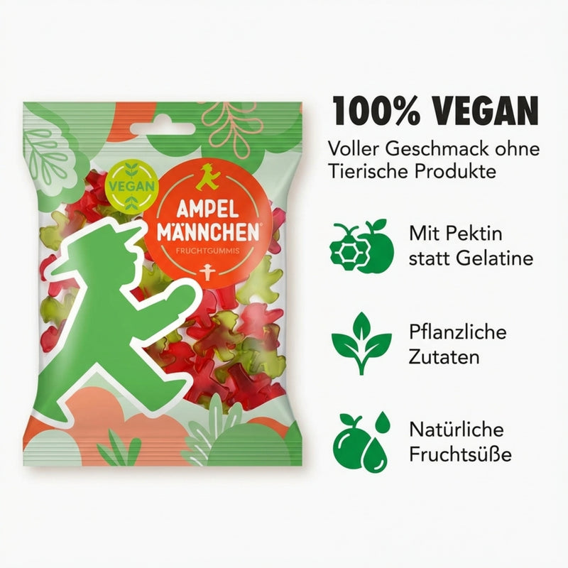 Vegane & Glutenfreie Fruchtgummis Gummibärchen Kirsche- & Waldmeister rot-grün in Ampelmännchen-Figuren, 160 g