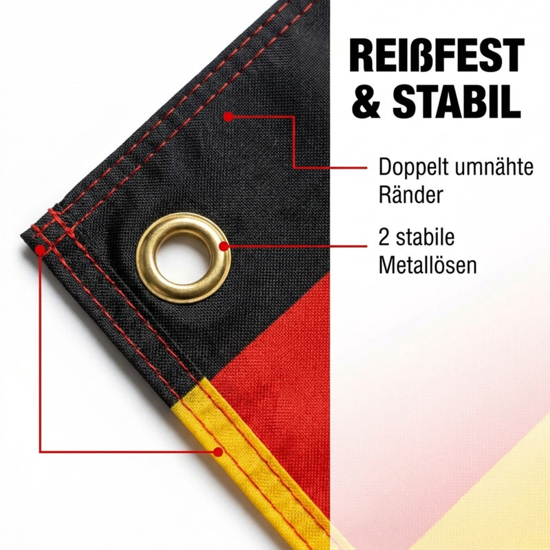 Robuste DDR-Fahne 90x150 cm mit seitlichem Saum inkl. 2 Metall-Ösen zur Befestigung – wetterfest & detailgetreu