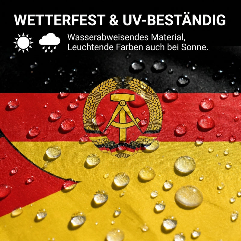 Robuste DDR-Fahne 90x150 cm mit seitlichem Saum inkl. 2 Metall-Ösen zur Befestigung – wetterfest & detailgetreu