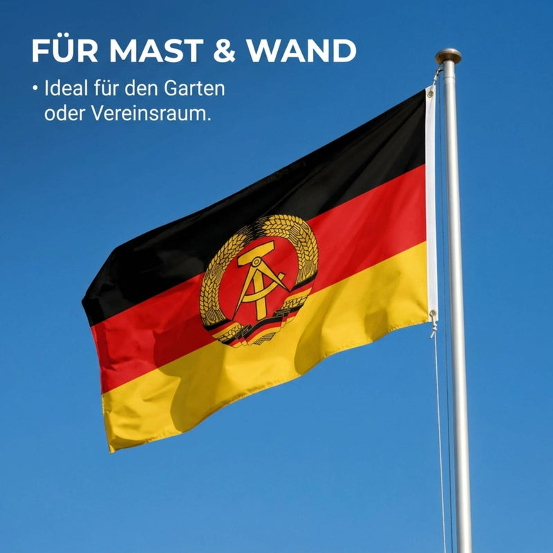 Robuste DDR-Fahne 90x150 cm mit seitlichem Saum inkl. 2 Metall-Ösen zur Befestigung – wetterfest & detailgetreu