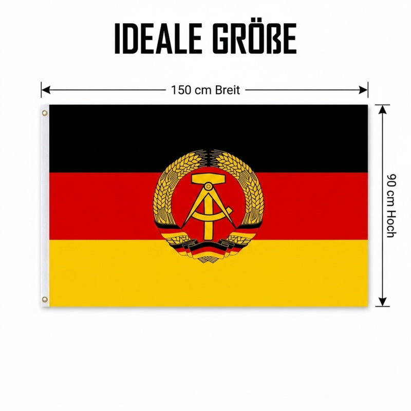 Robuste DDR-Fahne 90x150 cm mit seitlichem Saum inkl. 2 Metall-Ösen zur Befestigung – wetterfest & detailgetreu