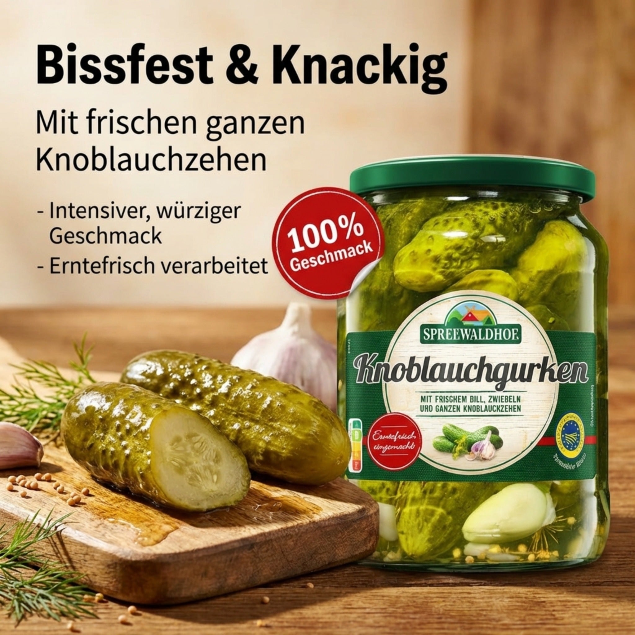 Spreewaldhof Knoblauchgurken aus dem Spreewald - erntefrisch eingemacht mit ganzen Knoblauchzehen - vegan & laktose- & glutenfrei 360g
