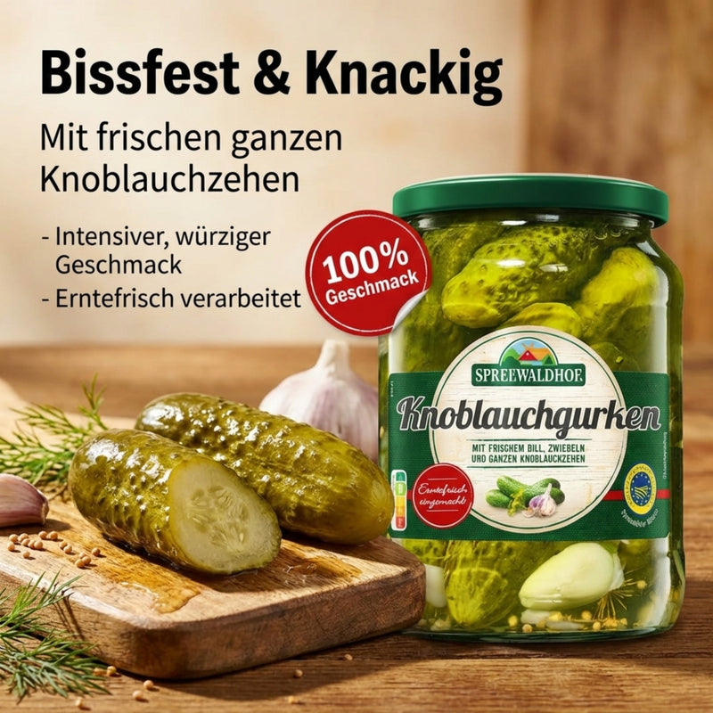 Spreewaldhof Knoblauchgurken aus dem Spreewald - erntefrisch eingemacht mit ganzen Knoblauchzehen - vegan & laktose- & glutenfrei 360g