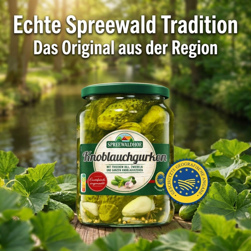 Spreewaldhof Knoblauchgurken aus dem Spreewald - erntefrisch eingemacht mit ganzen Knoblauchzehen - vegan & laktose- & glutenfrei 360g