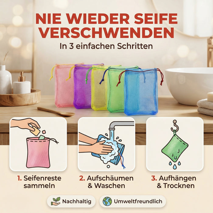 5 Seifenbeutel rot lila gelb grün blau aus Perligran 13x9 cm groß - Mehrfachpack Badeperli