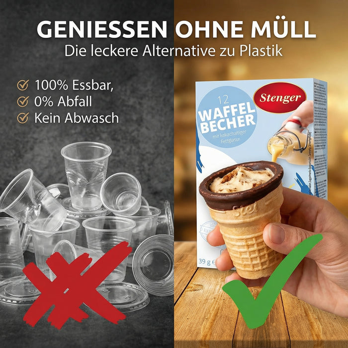 12 Stk. knusprige Waffelbecher mit Schokoladenüberzug innen - Stenger - für Eierlikör oder Desserts